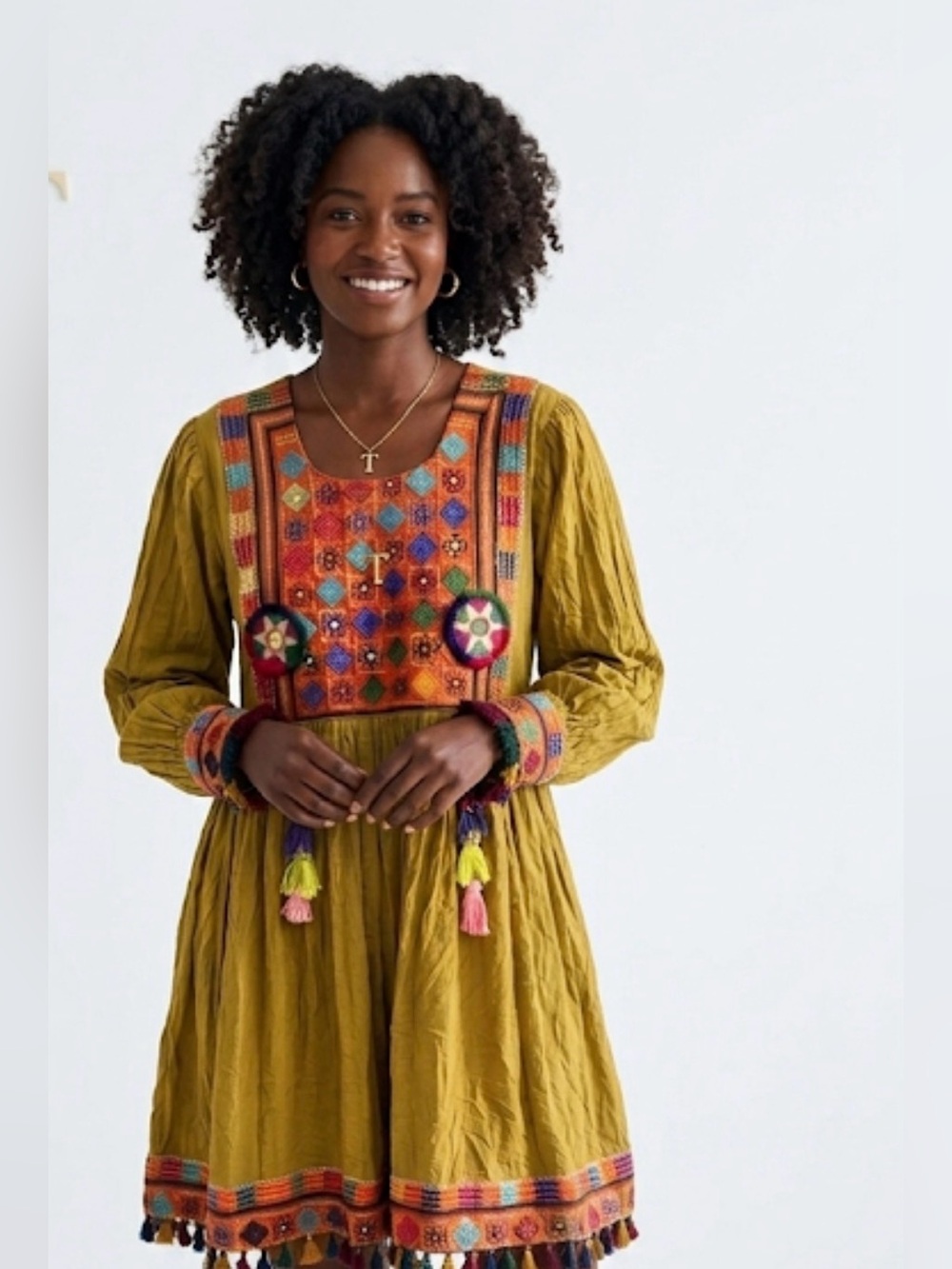 traditional Afghan Dress .Embroidered Olive Green Boho Tassel Midi Dress